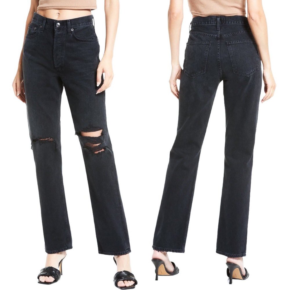 Agolde Lana Mid Rise Vintage Straight in Disorder Washed Black Distressed Jeans